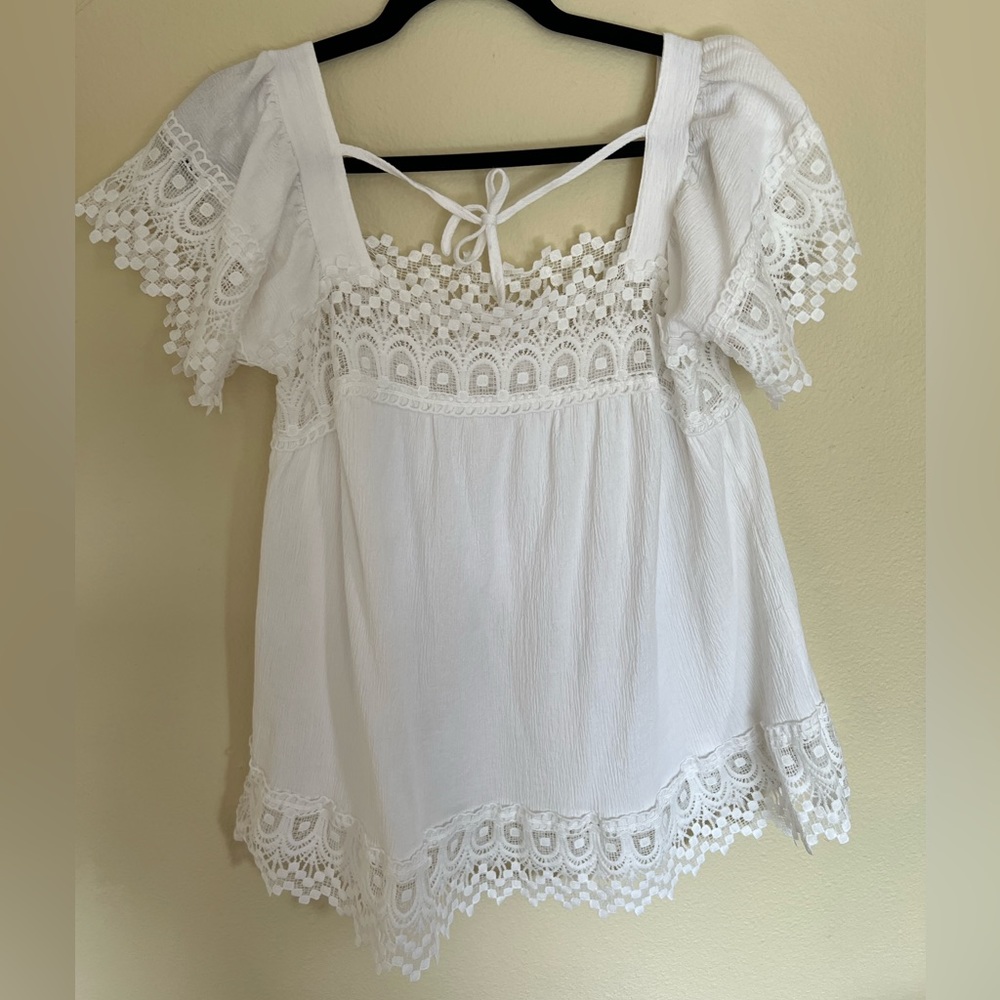 Boho white cotton lace trim blouse size M